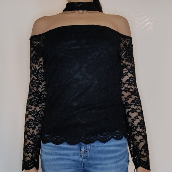 Forever 21 Black Lace Off The Shoulder Choker Top - Picture 3 of 4